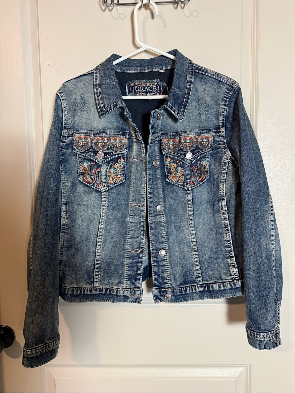 Grace in LA Denim Embroidered Cactus Jacket - Blue